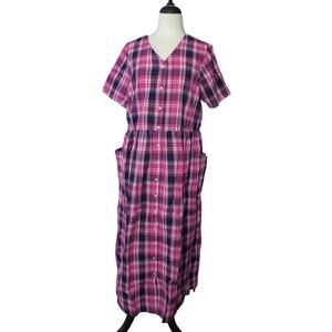 New Only Necessities Pink Plaid Pearl Snap Button Dress Size 14/16 Short Sleeve